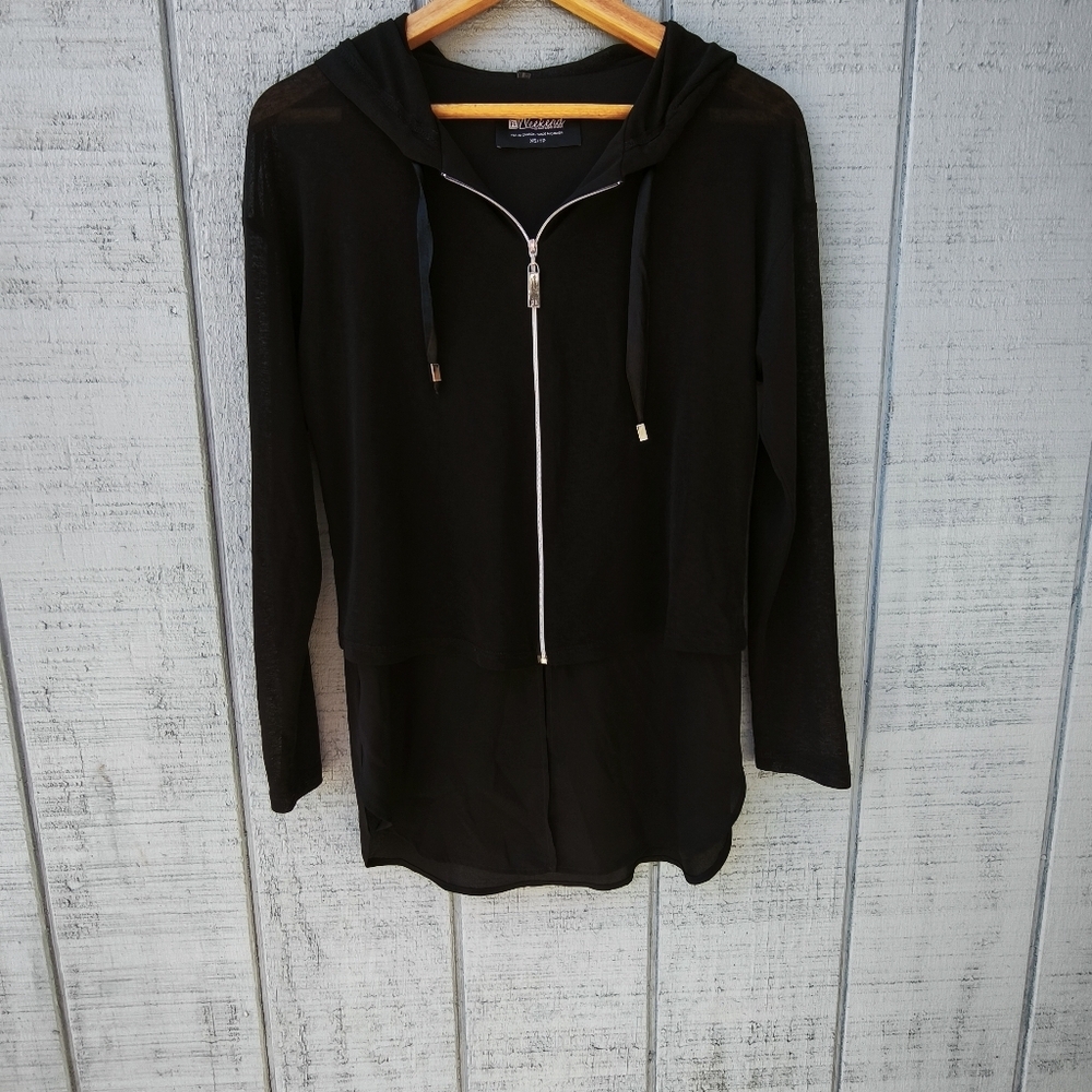 Weekend by Frank Lyman Tunic Hoodie Full Zip sz XS/S Black Active Coastal Grandm